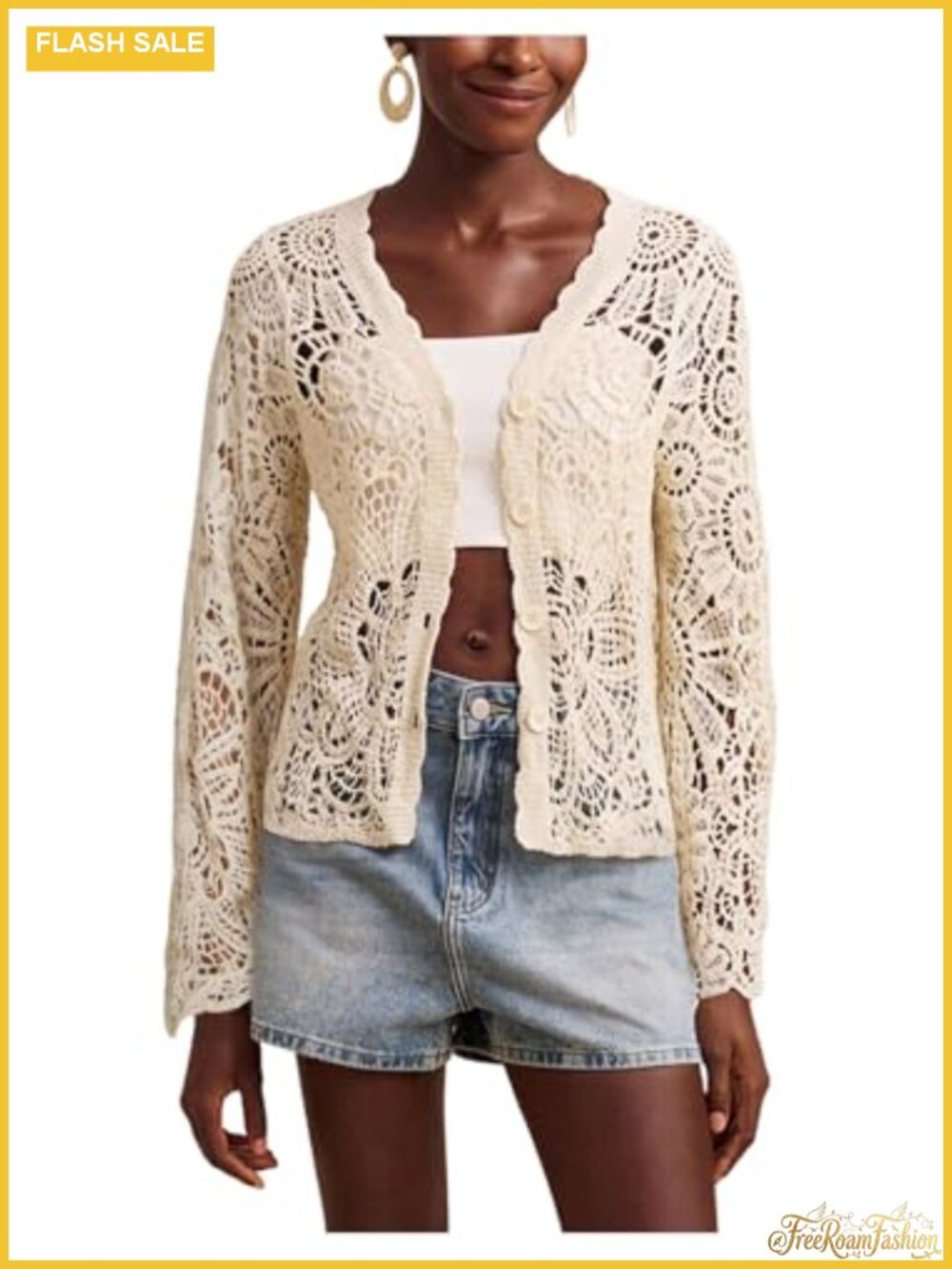 Women's Crochet Cardigan Sweater Boho Hollow Out Button Up Long Sleeve V-Neck